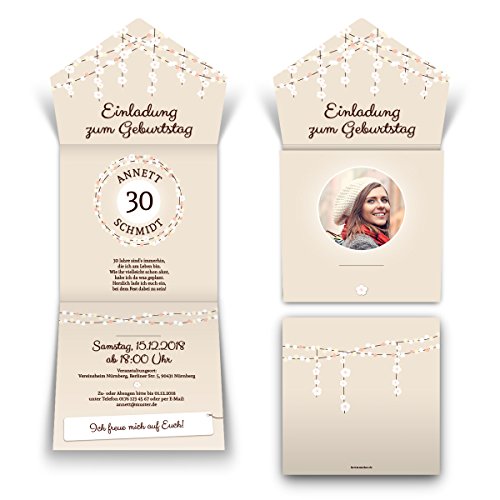Kartenmachen.de 10 x Lasergeschnittene Geburtstag Einladungskarten Einladungen - Lichtgirlande Beige von Kartenmachen.de