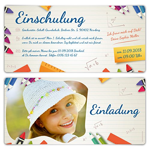 Kartenmachen.de 20 x Einschulung Einladungskarten Einschulungskarten Schulanfang Set - Heftnotiz von Kartenmachen.de