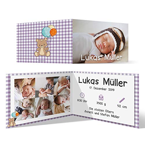 Kartenmachen.de 20 x Geburt Danksagungskarten Geburtskarten individuell mit Foto und Text für Mädchen und Jungen - Lila Karo von Kartenmachen.de
