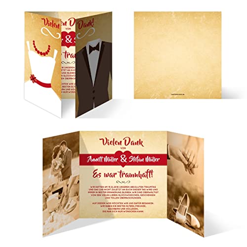 Kartenmachen.de 20 x Hochzeit Dankeskarten individuell Foto Text - Braut und Bräutigam Altarfalz in Vintage von Kartenmachen.de