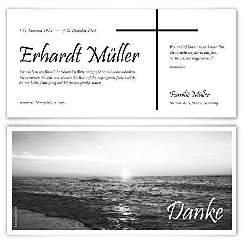 Kartenmachen.de 30 x Trauer Dankeskarten Danksagung Danksagungskarten Trauerkarten individuell - Schwarz-Weiß Sonnenaufgang von Kartenmachen.de
