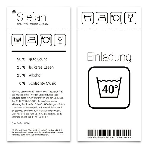 Kartenmachen.de 40 x Einladungskarten runder Geburtstag 40 Jahre Grad Geburtstagseinladungen - Waschanleitung von Kartenmachen.de