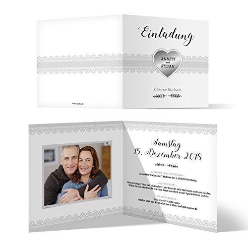 Kartenmachen.de 40 x Hochzeitseinladungen Silberhochzeit silberne Hochzeit Einladung individuell - Silberherz von Kartenmachen.de