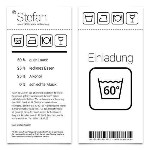 Kartenmachen.de 60 x Einladungskarten runder Geburtstag 60 Jahre Grad Geburtstagseinladungen - Waschanleitung von Kartenmachen.de