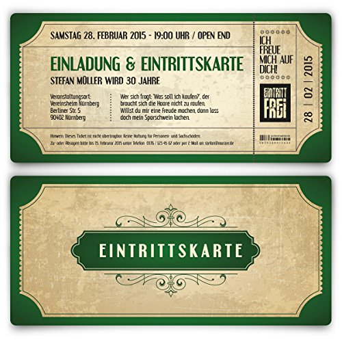 Kartenmachen.de Einladungskarten zum Geburtstag (10 Stück) im Vintage Ticket Look Grün Einladung Retro 70er von Kartenmachen.de