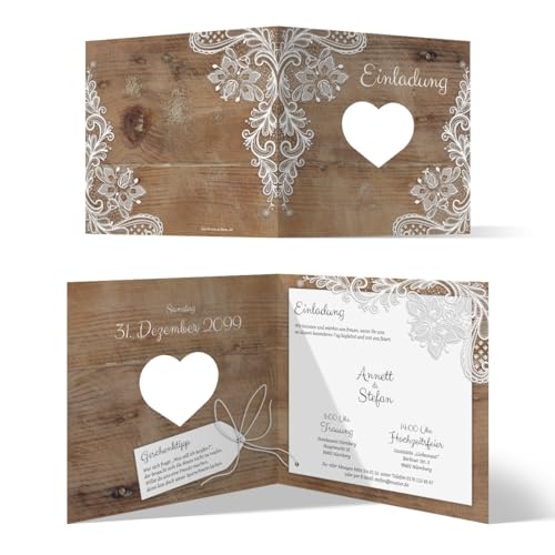 Individuelle Hochzeit Einladungskarten ab 10-100 Stück Hochzeitskarten Hochzeitseinladungen - Rustikal mit weißer Spitze mit Herzstanze, dickes 300g/qm Papier, 148x148mm, passende Umschläge optional von Kartenmachen.de