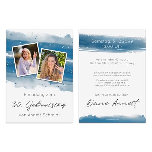 Kartenmachen.de Personalisierte 10-100 Stück Foto Einladungskarten zum Geburtstag „Foto Aquarell“ DIN A6, dickes 300g/qm Papier, Farbe anpassbar, Briefumschläge optional Kartenmachen.de Personalisierte 10-100 Stück Foto Einladungskarten zum Geburtstag „Foto Aquarell“ DIN A6, dickes 300g/qm Papier, Farbe anpassbar, Briefumschläge optional von Kartenmachen.de