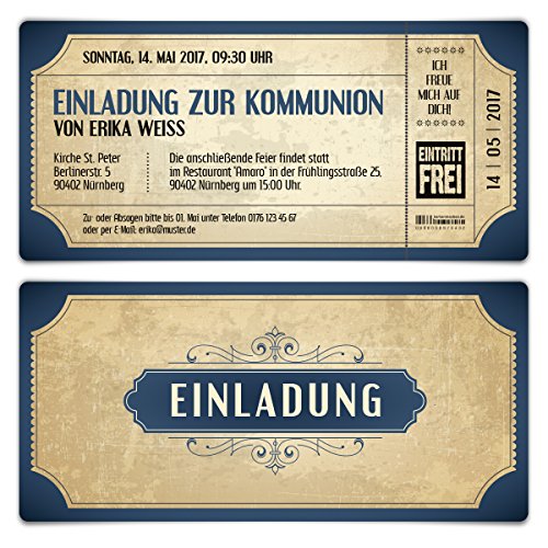 Kartenmachen.de Personalisierte Kommunion Einladungskarten (ab 10 Stück Set) - Vintage Eintrittskarten in Blau mit Abrissstreifen- Kommunionskarten Einladung von Kartenmachen.de
