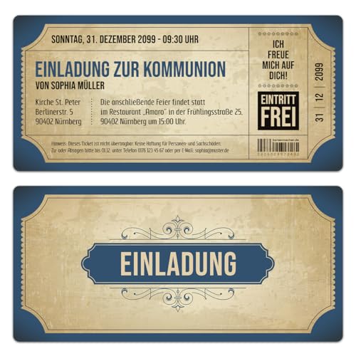 Kartenmachen.de Personalisierte Kommunion Einladungskarten (ab 10 Stück Set) - Vintage Eintrittskarten in Blau mit Abrissstreifen- Kommunionskarten Einladung von Kartenmachen.de
