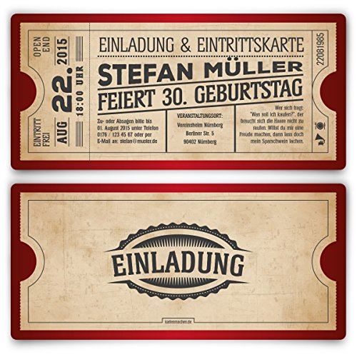 Kartenmachen.de Personalisierte Vintage Geburtstagseinladungen (als Set ab 10 Stück) als Eintrittskarte mit Abrissstreifen im Vintage Ticket Look in Rot, DIN Lang, dickes 300g/qm Papier von Kartenmachen.de