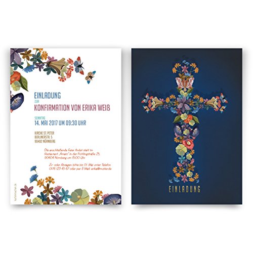 Konfirmation Einladungskarten (10 Stück) - Blumenkreuz Bunt - Konfirmationskarten Einladungen von Kartenmachen.de