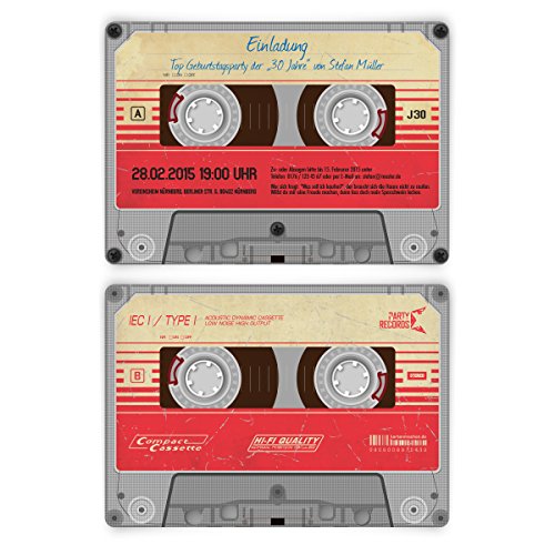 Personalisierte Einladungskarten zum Geburtstag (ab 10 Stück) als Retro Musikkassette Kassette Musik Cassette Walkman, dickes Papier von Kartenmachen.de