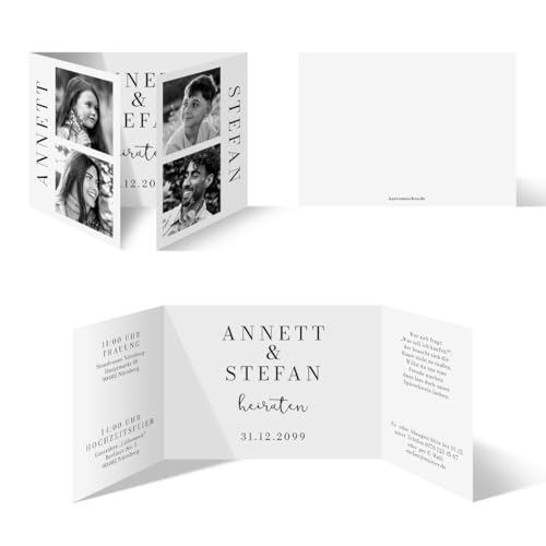 Personalisierte Foto Hochzeitseinladungen "Unsere Geschichte", dickes 300g/qm, 4 eigene Fotos und Text, Altarfalz Klappkarte, Briefumschläge optional Personalisierte Foto Hochzeitseinladungen "Unsere Geschichte", dickes 300g/qm, 4 eigene Fotos und Text, Altarfalz Klappkarte, Briefumschläge optional von Kartenmachen.de