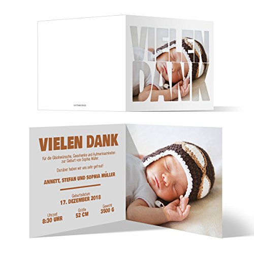 Personalisierte Geburtskarten Babykarten Danksagung Dankeskarte Geburt Mädchen Junge - Fotoschrift, ab 10 Stück, großes Foto 148x148mm Klappkarten, Dickes Papier von Kartenmachen.de