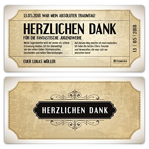Personalisierte Jugendweihe Dankeskarten, DIN Lang 210x98mm, Danksagungskarten - Vintage Eintrittskarten in Weiß von Kartenmachen.de