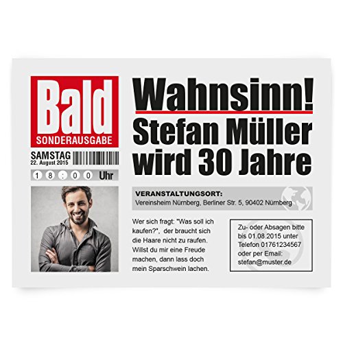 Personalisierte witzige Einladungskarten zum Geburtstag (ab 10 Stück) als Zeitung Presse Meldung Magazin Nachrichten von Kartenmachen.de