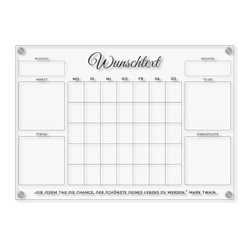 Personalisierter Acrylglas Wandkalender - Monatsplaner Familien Wochenplaner DIN A3, A2 oder A1 XXL wählbar inkl. Montagematerial von Kartenmachen.de