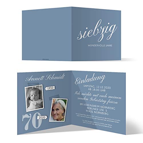 Runder 70. Geburtstag personalisierte Einladungskarten - siebzig wundervolle Jahre - Klappkarte, zwei Fotos, ab 10 Stück, dickes Papier von Kartenmachen.de