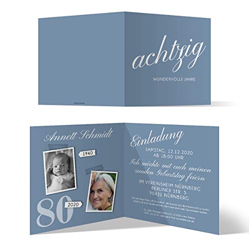Runder 80. Geburtstag personalisierte Einladungskarten - achtzig wundervolle Jahre - Klappkarte, zwei Fotos, ab 10 Stück, dickes Papier von Kartenmachen.de