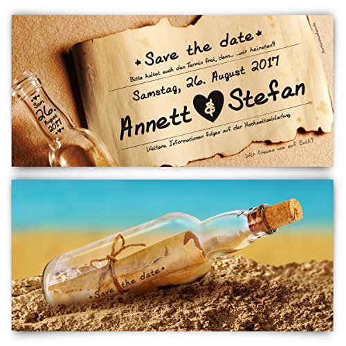 Save the Date Karten zur Hochzeit (40 Stück) - Flaschenpost Motiv - Hochzeitskarten von Kartenmachen.de
