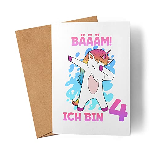 Einhorn Geburtstagskarte 4 Jahre Mädchen Karte zum 4. Geburtstag mit Einhorn-Motiv Faltkarte von Kartentraumland