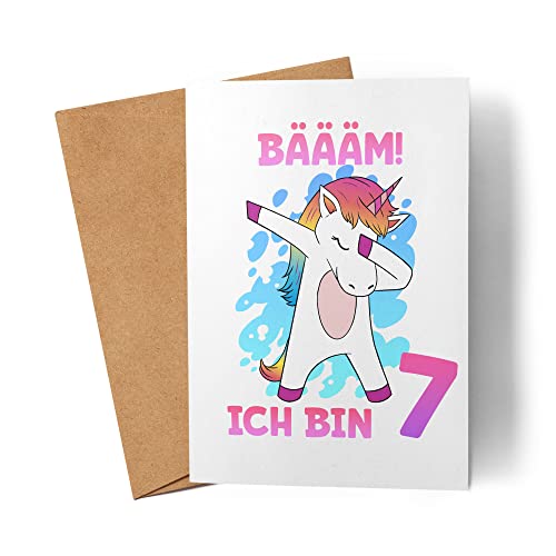 Einhorn Geburtstagskarte 7 Jahre Mädchen Karte zum 7. Geburtstag mit Einhorn-Motiv Faltkarte von Kartentraumland