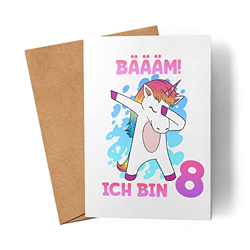 Einhorn Geburtstagskarte 8 Jahre Mädchen Karte zum 8. Geburtstag mit Einhorn-Motiv Faltkarte von Kartentraumland