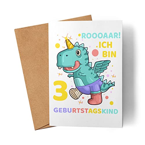 Geburtstagskarte 3 Jahre Junge Dinosaurier Dino T-Rex 3. Geburtstag Karte für Jungs von Kartentraumland