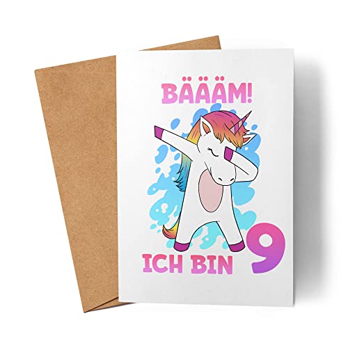 Kiddle-Design Einhorn Geburtstagskarte 9 Jahre Mädchen Karte zum 9. Geburtstag mit Einhorn-Motiv Faltkarte von Kartentraumland