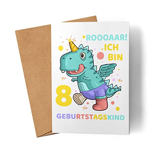 Kiddle-Design Geburtstagskarte 8 Jahre Junge Dinosaurier Dino T-Rex 8. Geburtstag Karte für Jungs von Kartentraumland