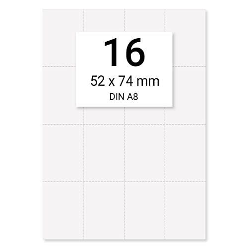 16 x Karteo® Einlegepapier | Karteikartenformat | Einleger 160g/m² | weiß hochwertiges perforiertes Papier 74 x 52 mm (DIN A8) auf einem DIN A4 Bogen zum Selbstbedrucken von Karteo