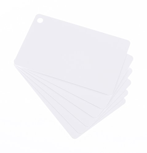 50 x Karteo® Blanko Plastikkarten Karten weiß mit Keytags Stanzung Ausstanzung Loch Lochung für Schlüsselringe Ketten und Schlüsselband Schlüsselbänder von Karteo
