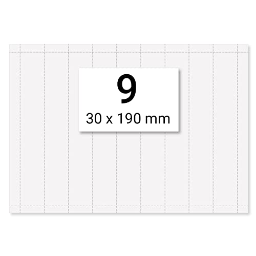 9 x Karteo® Ordnerrücken schmal | Einlegeblatt | Einstecketiketten | Einleger 160g/m² | weiß hochwertiges perforiertes Papier 190 x 30 mm auf einem DIN A4 Bogen zum Selbstbedrucken von Karteo