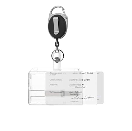 Karteo Ausweishülle mit Ausweishalter ausziehbar [1 Stück] schwarz mit Clip und Karabinerhaken Kartenhalter horizontal für zwei Karten transparent von Karteo