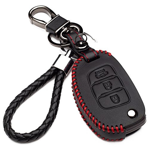KASER Hülle Autoschlüssel für Hyundai - Kunstleder Schutzhülle mit Schlüsselanhänger Schlüssel 3 Tasten für Kia für Hyundai i10 i20 iX25 iX35 iX45 Elantra Accent Solaris Etui für Fernbedienung (Rote Naht) von Kaser