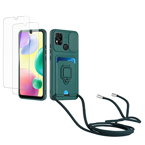 Kaslly Case für Redmi 9C/9A/Xiaomi Poco C3 Handykette Hülle+[2 Schutzfolie Glas],Slide kameraschutz,Silikon Handyhülle zum Umhängen Kette,Kartenfach-dunkelgrün von Kaslly