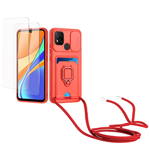 Kaslly Case für Redmi 9C/9A/Xiaomi Poco C3 Handykette Hülle+[2 Schutzfolie Glas],Slide kameraschutz,Silikon Handyhülle zum Umhängen Kette,Kartenfach-rot von Kaslly