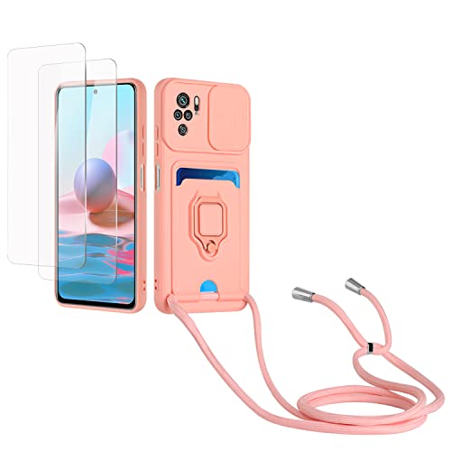 Kaslly Case für Redmi Note 10 4G/Note 10S Handykette Hülle+[2 Schutzfolie Glas],Slide kameraschutz,Silikon Handyhülle zum Umhängen Kette,Kartenfach-Rosa von Kaslly