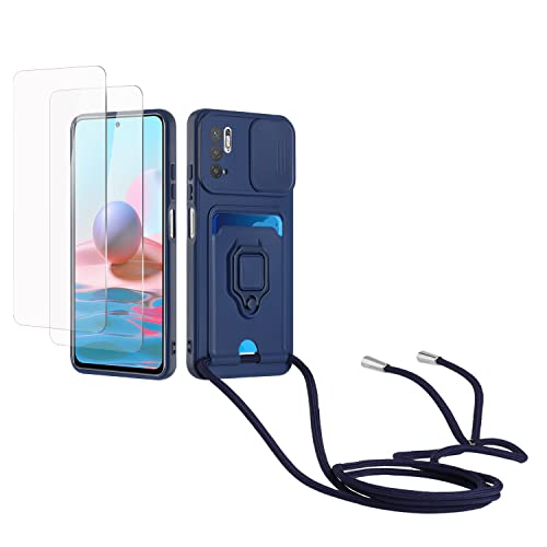 Kaslly Case für Redmi Note 10 5G/Xiaomi Poco M3 Pro 5G Handykette Hülle+[2 Schutzfolie Glas],Slide kameraschutz,Silikon Handyhülle zum Umhängen Kette,Kartenfach-Navy blau von Kaslly