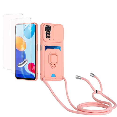 Kaslly Case für Redmi Note 11 4G/Note 11S(6.43'') Handykette Hülle+[2 Schutzfolie Glas],Slide kameraschutz,Silikon Handyhülle zum Umhängen Kette,Kartenfach-Rosa von Kaslly