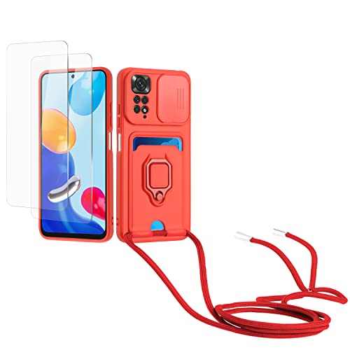 Kaslly Case für Redmi Note 11 4G/Note 11S(6.43'') Handykette Hülle+[2 Schutzfolie Glas],Slide kameraschutz,Silikon Handyhülle zum Umhängen Kette,Kartenfach-rot von Kaslly