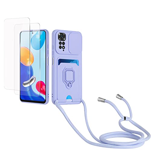 Kaslly Case für Redmi Note 11 Pro/Note 11 Pro 5G Handykette Hülle+[2 Schutzfolie Glas],Slide kameraschutz,Silikon Handyhülle zum Umhängen Kette,Kartenfach-Violett von Kaslly
