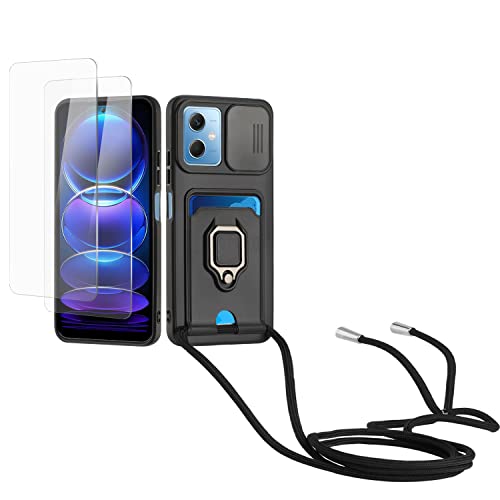 Kaslly Case für Redmi Note 12 Pro/Xiaomi Poco X5 Pro Handykette Hülle+[2 Schutzfolie Glas],Slide kameraschutz,Silikon Handyhülle zum Umhängen Kette,Kartenfach-Schwarz von Kaslly