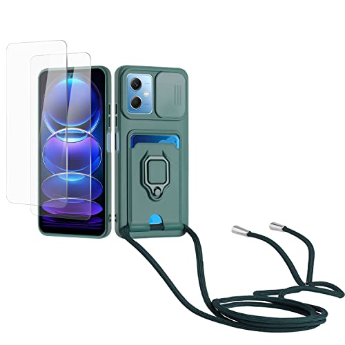 Kaslly Case für Redmi Note 12 Pro/Xiaomi Poco X5 Pro Handykette Hülle+[2 Schutzfolie Glas],Slide kameraschutz,Silikon Handyhülle zum Umhängen Kette,Kartenfach-dunkelgrün von Kaslly