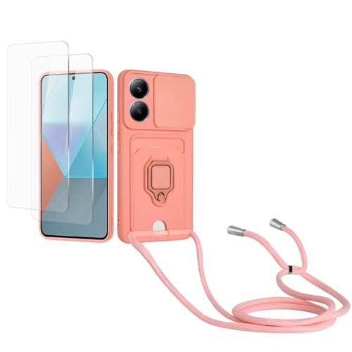Kaslly Case für Redmi Note 13 4G Handykette Hülle+[2 Schutzfolie Glas],Slide kameraschutz,Silikon Handyhülle zum Umhängen Kette,Kartenfach-Rosa von Kaslly