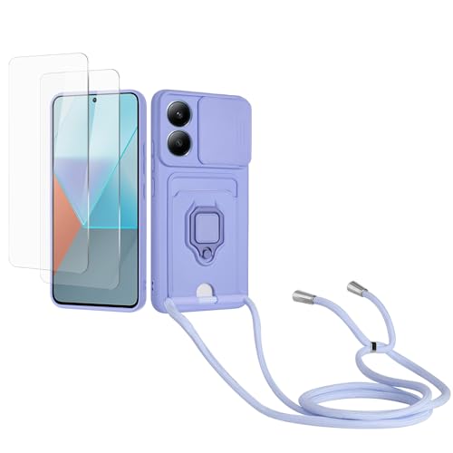Kaslly Case für Redmi Note 13 4G Handykette Hülle+[2 Schutzfolie Glas],Slide kameraschutz,Silikon Handyhülle zum Umhängen Kette,Kartenfach-Violett von Kaslly