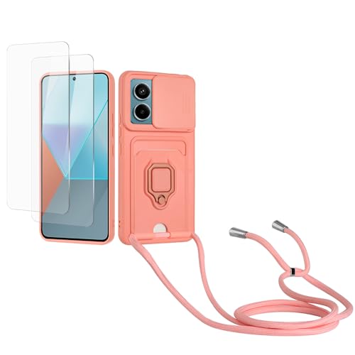 Kaslly Case für Redmi Note 13 Pro 5G Handykette Hülle+[2 Schutzfolie Glas],Slide kameraschutz,Silikon Handyhülle zum Umhängen Kette,Kartenfach-Rosa von Kaslly