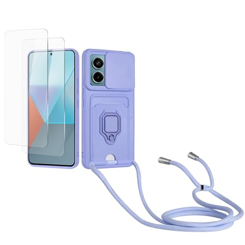 Kaslly Case für Redmi Note 13 Pro 5G Handykette Hülle+[2 Schutzfolie Glas],Slide kameraschutz,Silikon Handyhülle zum Umhängen Kette,Kartenfach-Violett von Kaslly