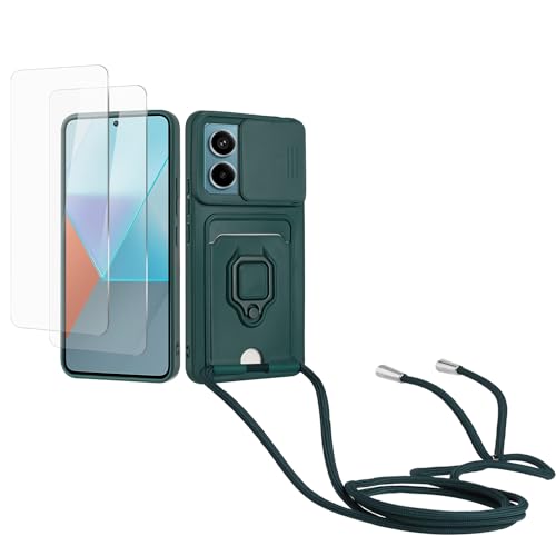 Kaslly Case für Redmi Note 13 Pro 5G Handykette Hülle+[2 Schutzfolie Glas],Slide kameraschutz,Silikon Handyhülle zum Umhängen Kette,Kartenfach-dunkelgrün von Kaslly