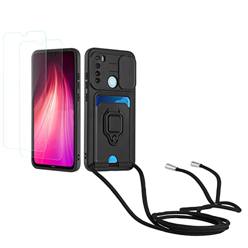 Kaslly Case für Redmi Note 8 Handykette Hülle+[2 Schutzfolie Glas],Slide kameraschutz,Silikon Handyhülle zum Umhängen Kette,Kartenfach-Schwarz von Kaslly